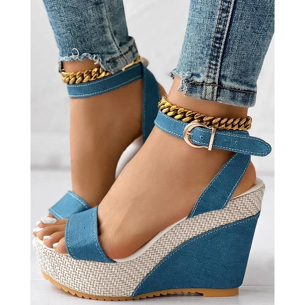 Ankle Strap Denim Platform Wedge Peep Toe High Heel Shoes - Glova