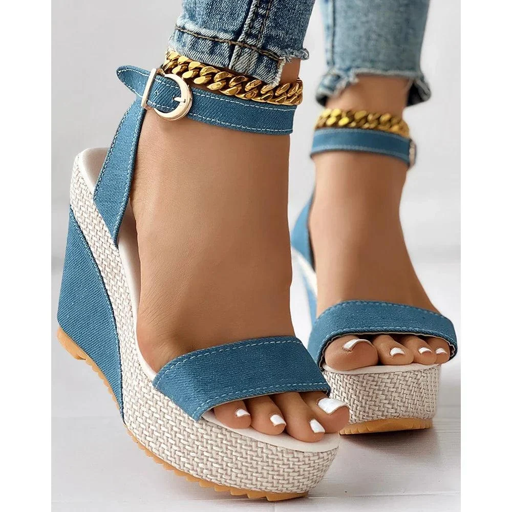 Ankle Strap Denim Platform Wedge Peep Toe High Heel Shoes - Glova