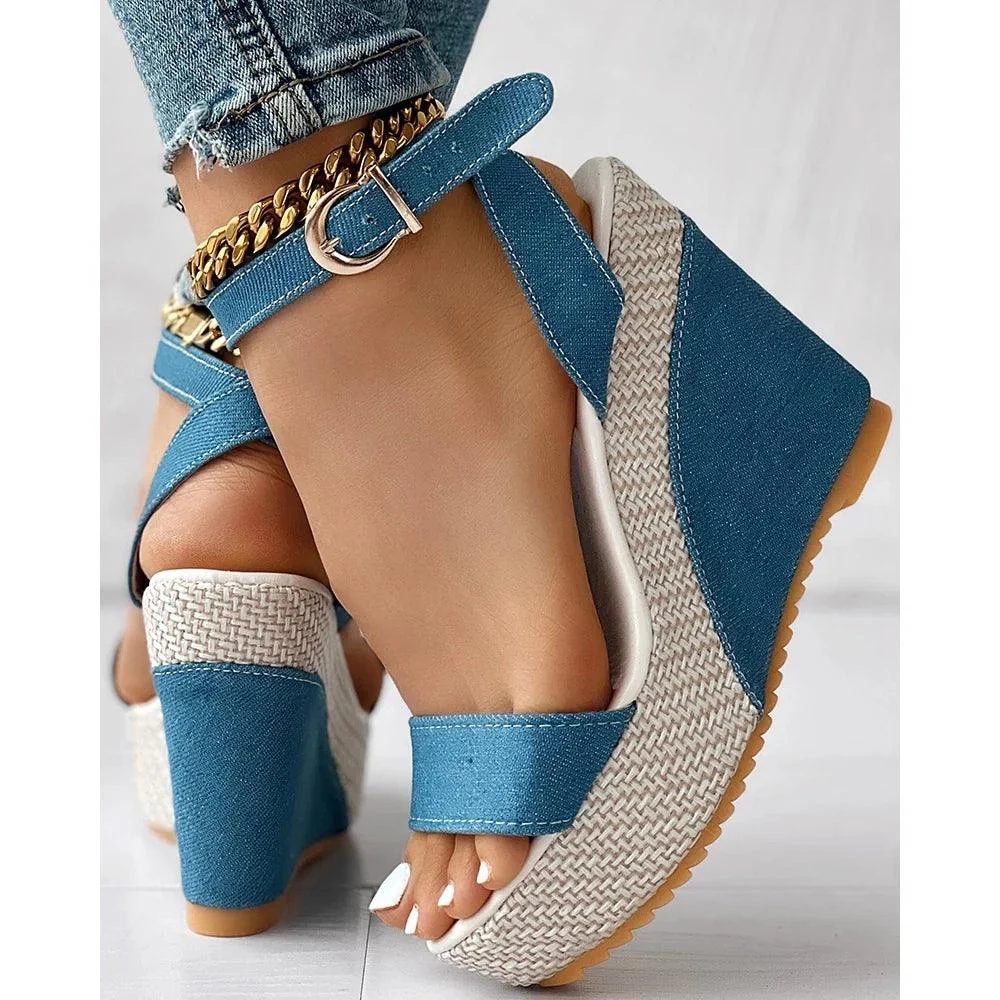 Ankle Strap Denim Platform Wedge Peep Toe High Heel Shoes - Glova