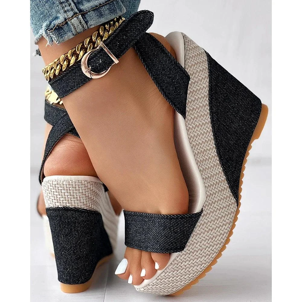 Ankle Strap Denim Platform Wedge Peep Toe High Heel Shoes - Glova