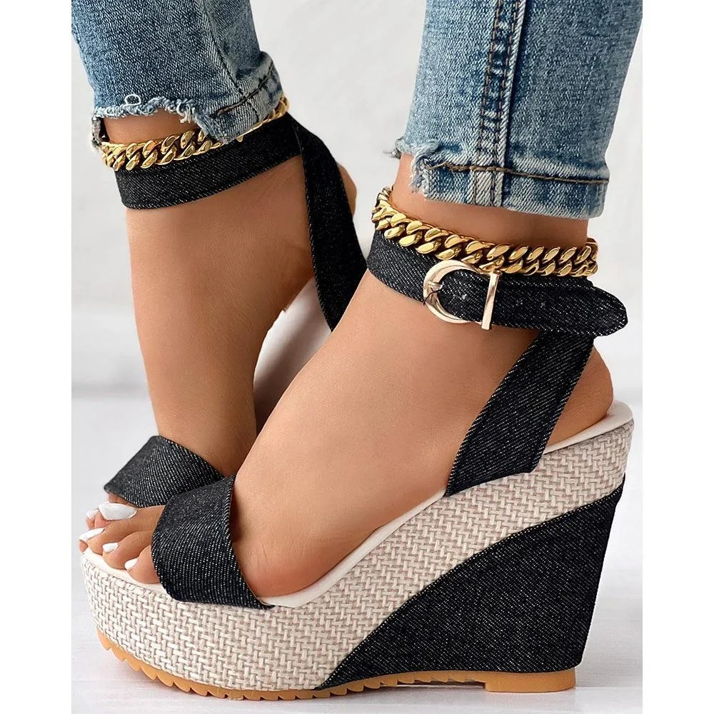 Ankle Strap Denim Platform Wedge Peep Toe High Heel Shoes - Glova