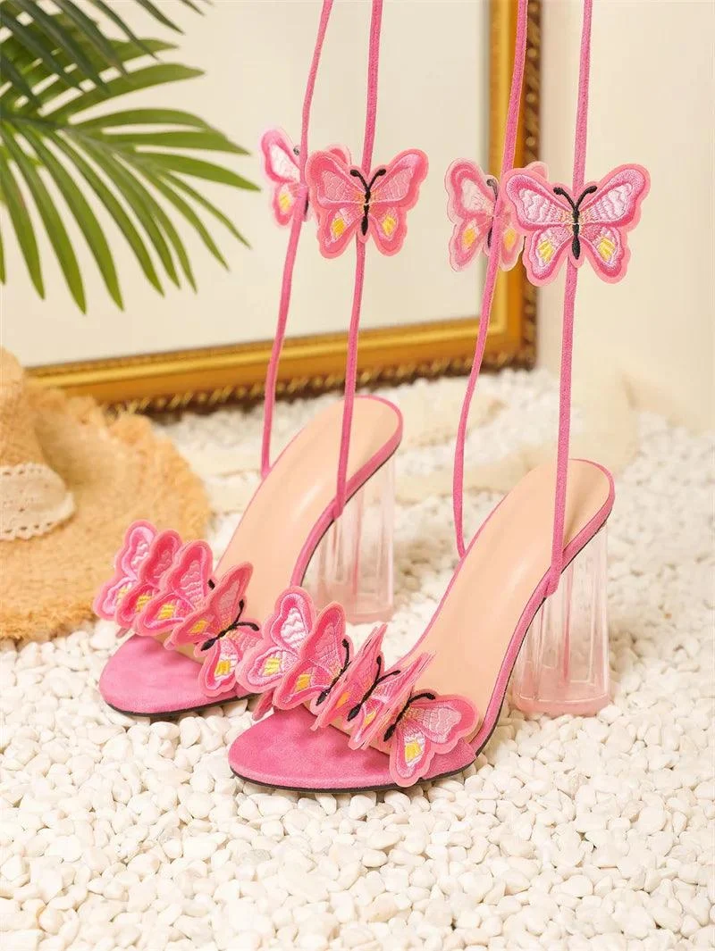 Ankle Strap Handmade Butterfly Open Toe Pink Prom Shoes - Glova