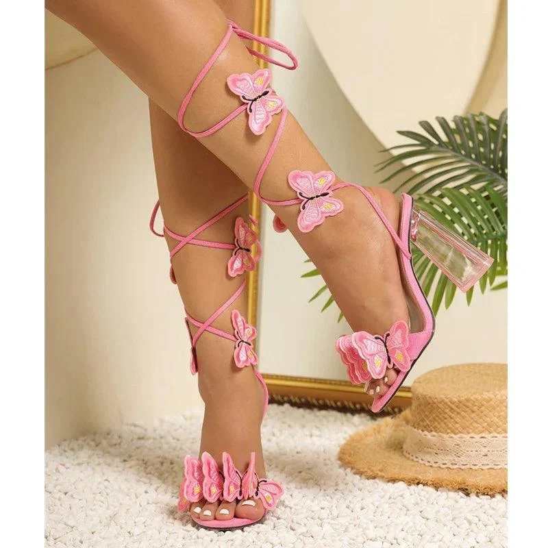 Ankle Strap Handmade Butterfly Open Toe Pink Prom Shoes - Glova