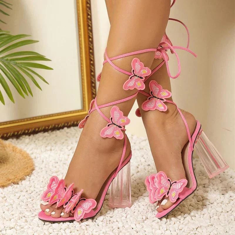 Ankle Strap Handmade Butterfly Open Toe Pink Prom Shoes - Glova