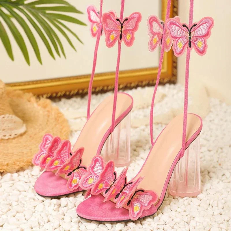 Ankle Strap Handmade Butterfly Open Toe Pink Prom Shoes - Glova