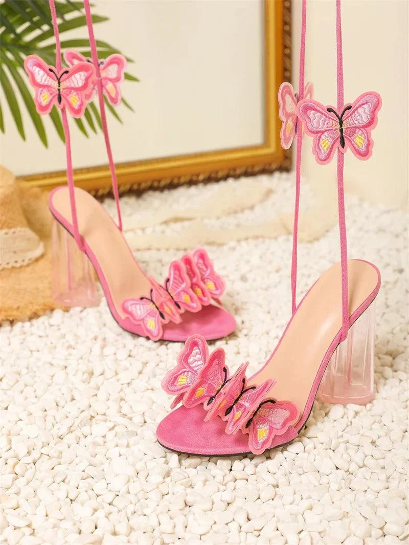 Ankle Strap Handmade Butterfly Open Toe Pink Prom Shoes - Glova