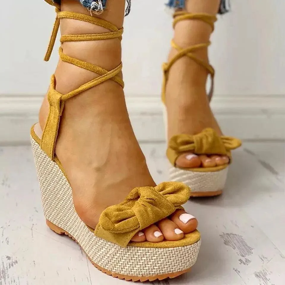 Ankle Strap Platform Wedges Heel Flock Butterfly Shoes - Glova