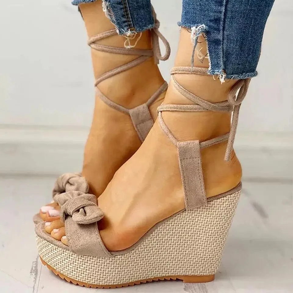 Ankle Strap Platform Wedges Heel Flock Butterfly Shoes - Glova