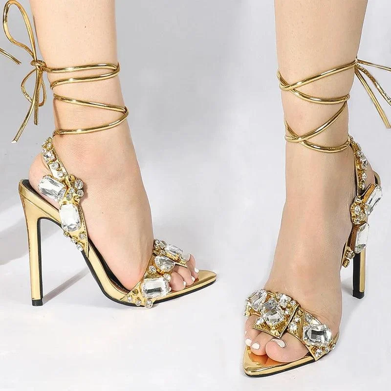 Ankle Strap Stripper Heels Crystal Diamond Pointed Toe Shoes - Glova