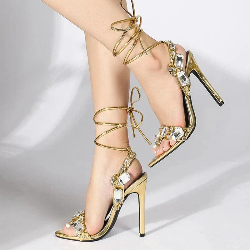 Ankle Strap Stripper Heels Crystal Diamond Pointed Toe Shoes - Glova