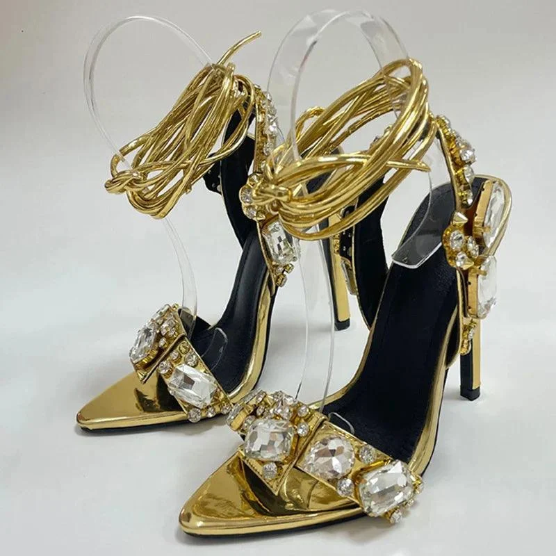 Ankle Strap Stripper Heels Crystal Diamond Pointed Toe Shoes - Glova