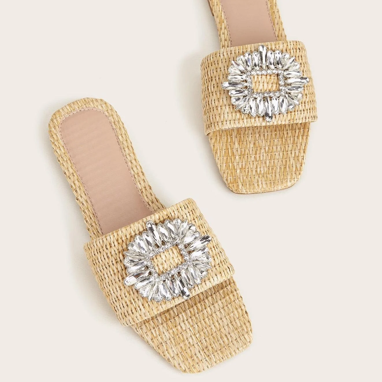 Anna Crystal Embellished Straw Slippers - Glova