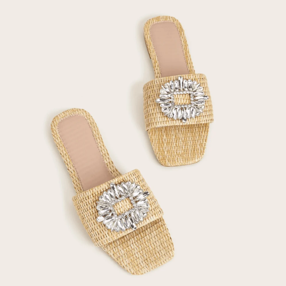 Anna Crystal Embellished Straw Slippers - Glova