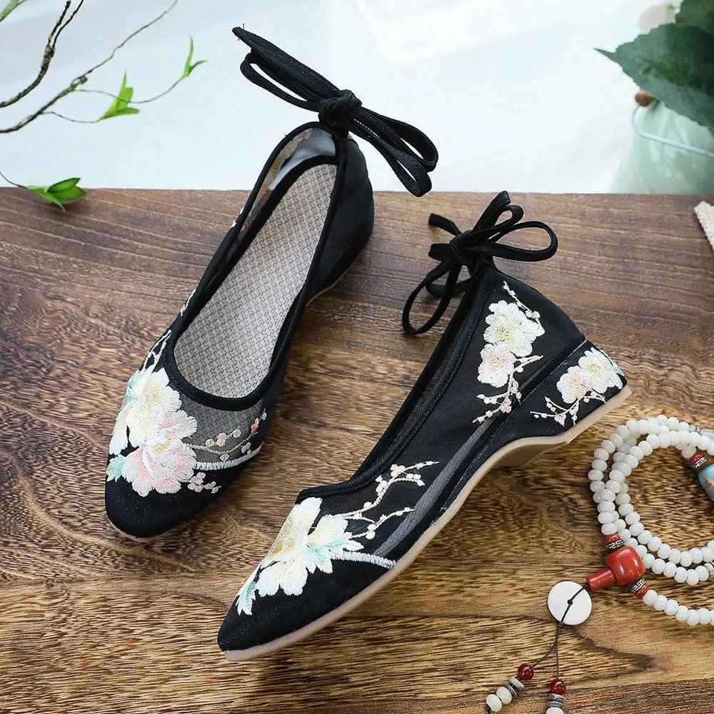 Arisu Flower Embroidery Sheer Ballet Lace-Up Flats - 3 Colors - Glova