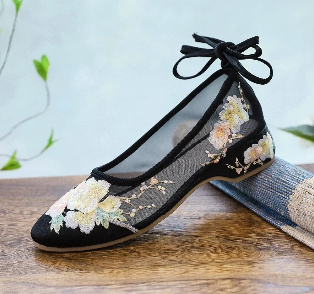 Arisu Flower Embroidery Sheer Ballet Lace-Up Flats - 3 Colors - Glova