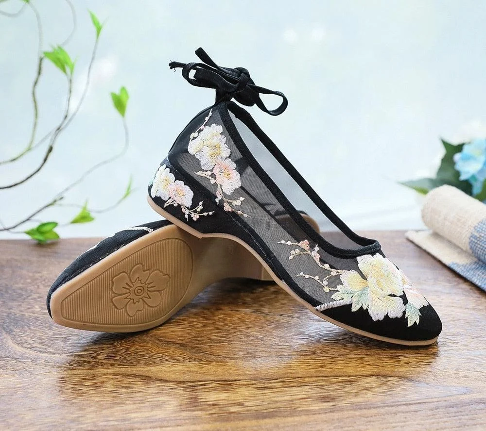 Arisu Flower Embroidery Sheer Ballet Lace-Up Flats - 3 Colors - Glova