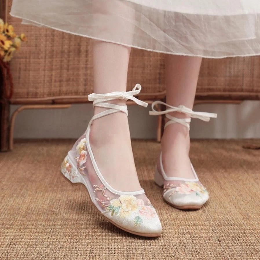 Arisu Flower Embroidery Sheer Ballet Lace-Up Flats - 3 Colors - Glova