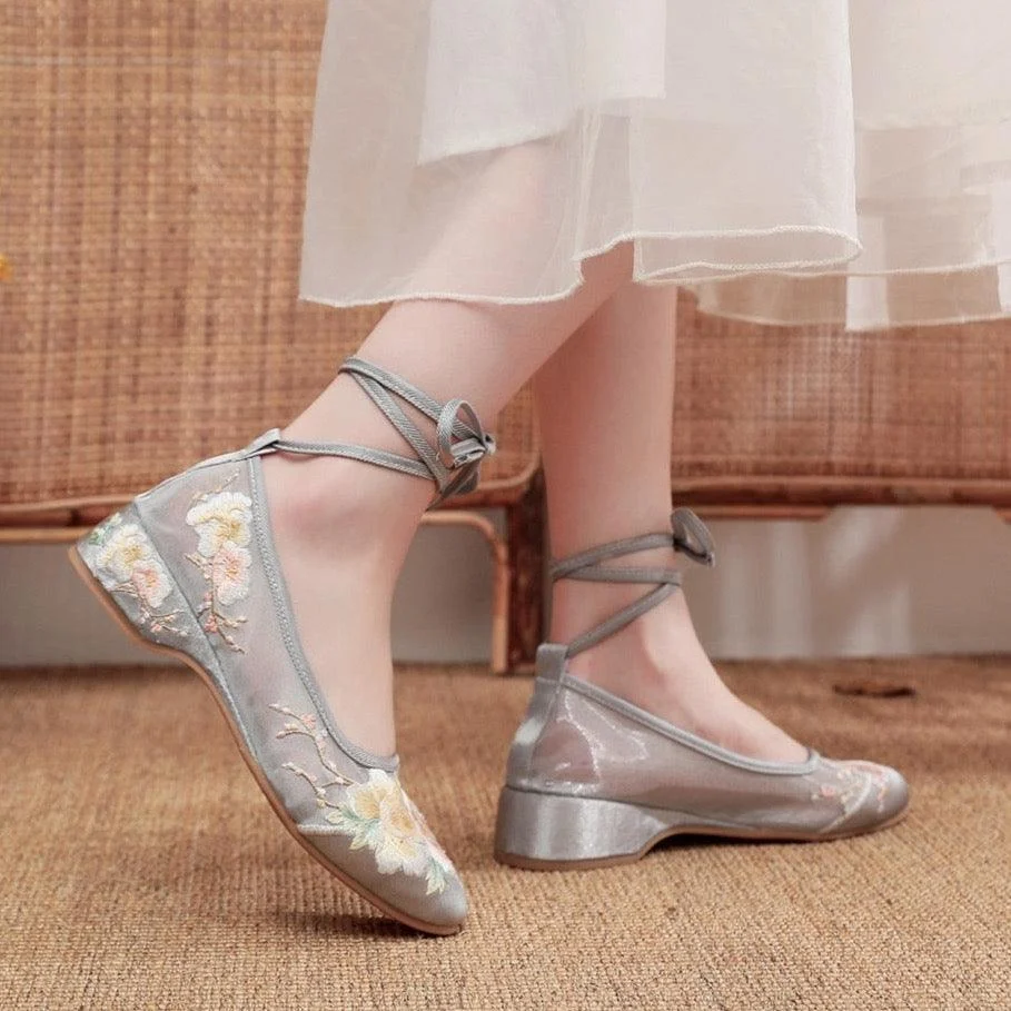 Arisu Flower Embroidery Sheer Ballet Lace-Up Flats - 3 Colors - Glova