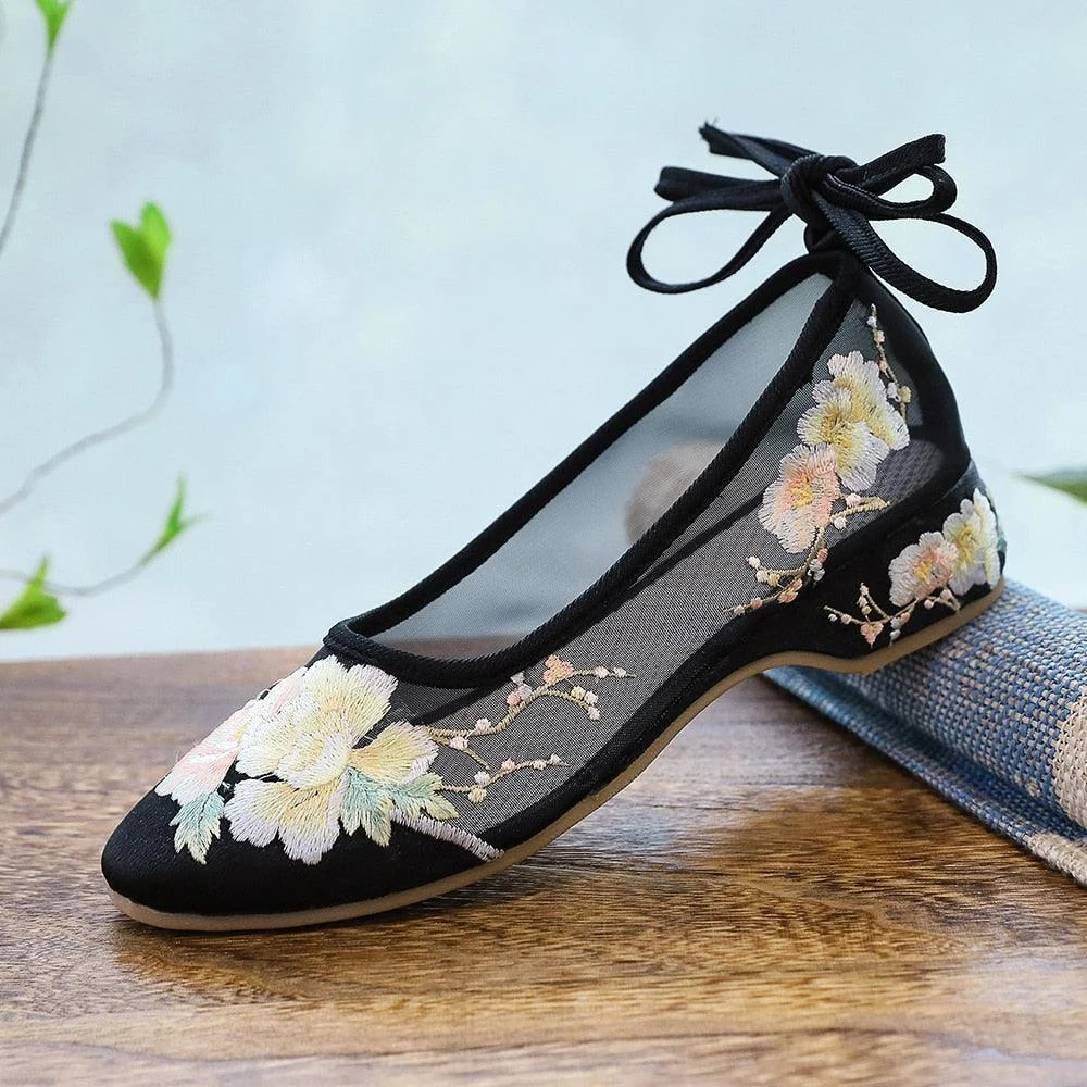 Arisu Flower Embroidery Sheer Ballet Lace-Up Flats - 3 Colors - Glova