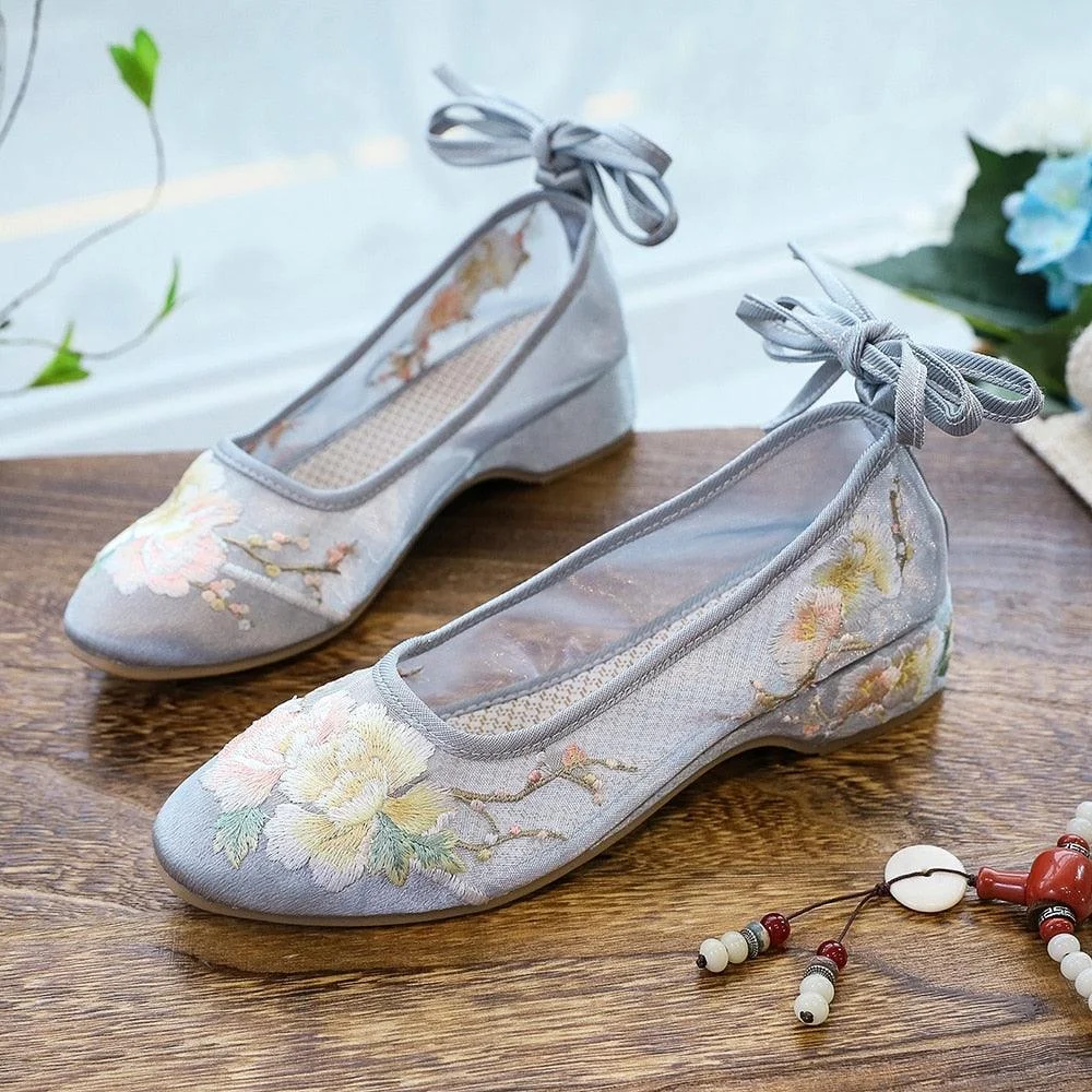 Arisu Flower Embroidery Sheer Ballet Lace-Up Flats - 3 Colors - Glova