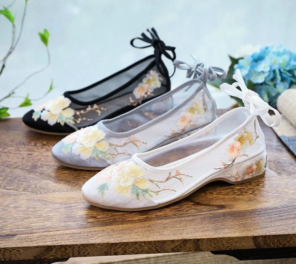 Arisu Flower Embroidery Sheer Ballet Lace-Up Flats - 3 Colors - Glova