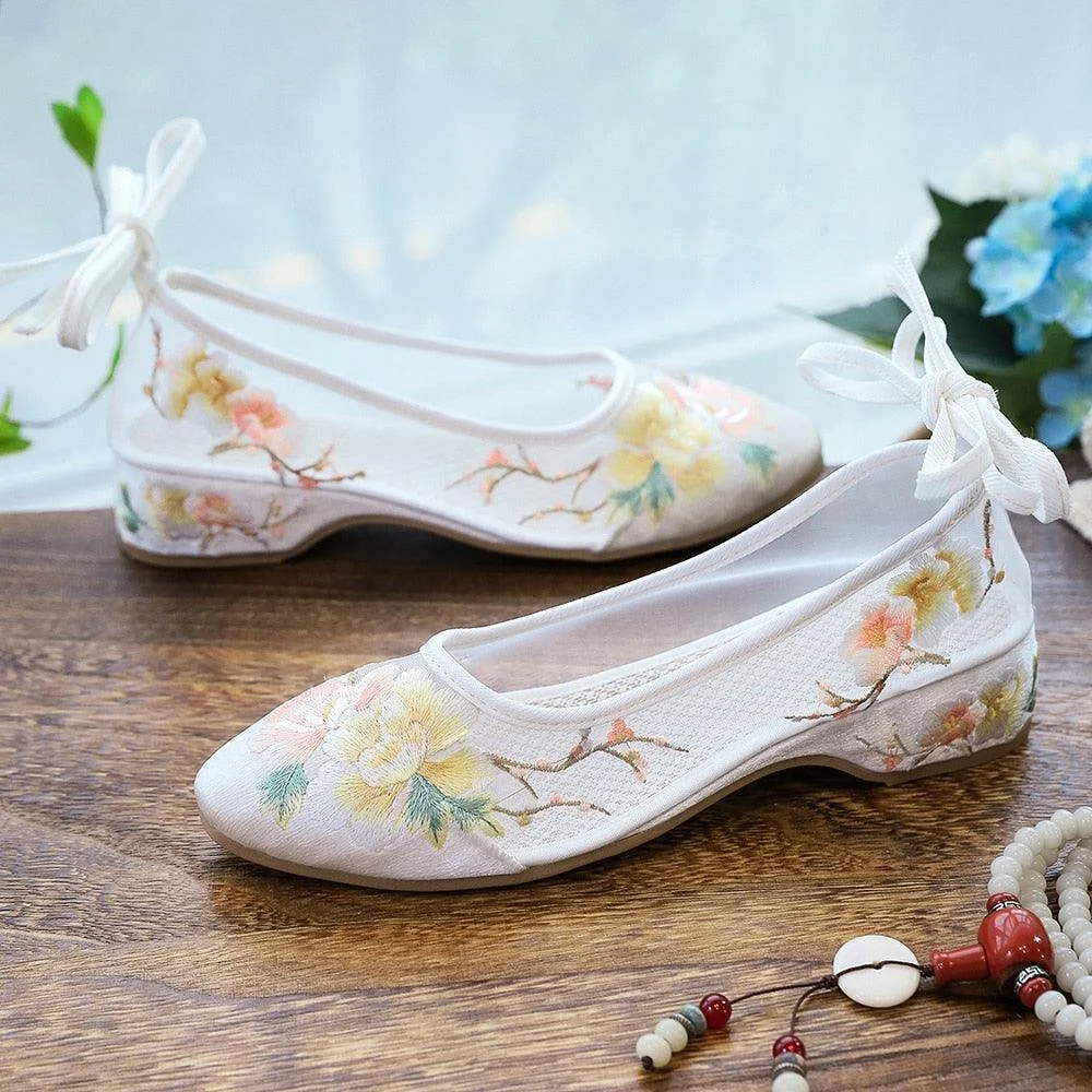 Arisu Flower Embroidery Sheer Ballet Lace-Up Flats - 3 Colors - Glova