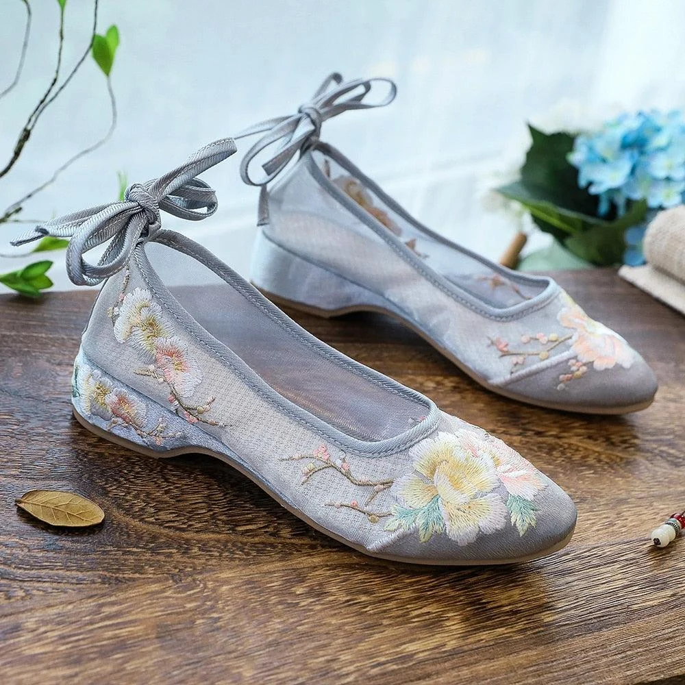 Arisu Flower Embroidery Sheer Ballet Lace-Up Flats - 3 Colors - Glova