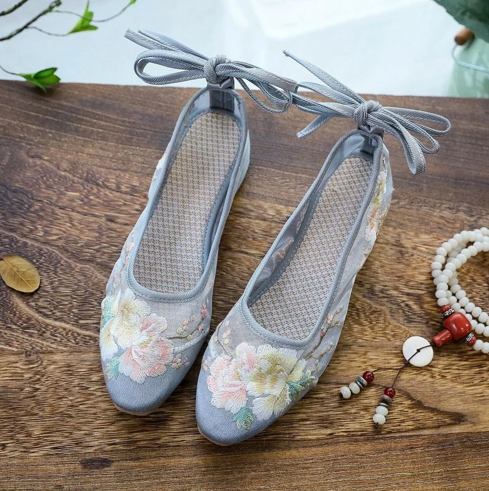 Arisu Flower Embroidery Sheer Ballet Lace-Up Flats - 3 Colors - Glova