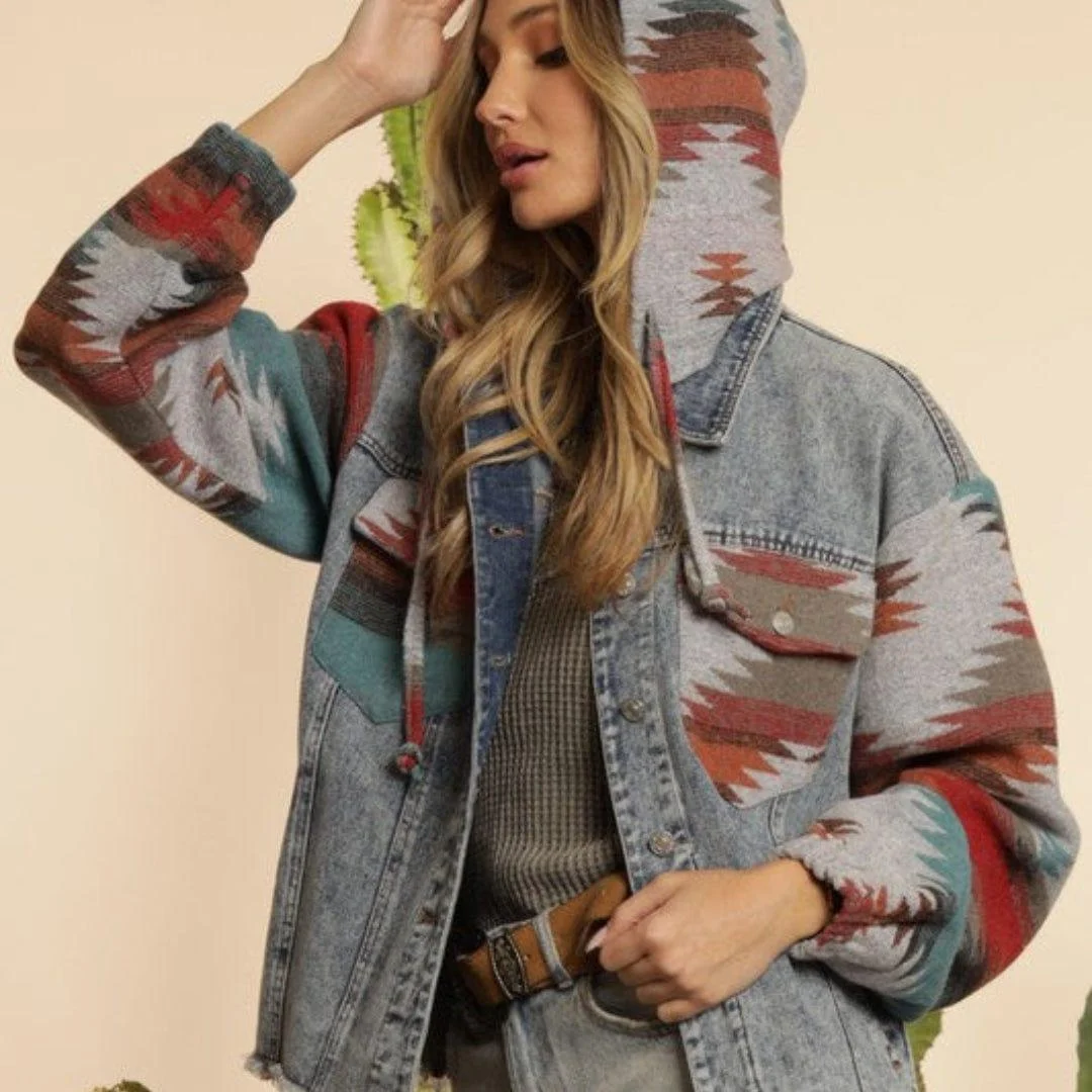 Aztec Patchwork Denim Hooded Jacket - Glova