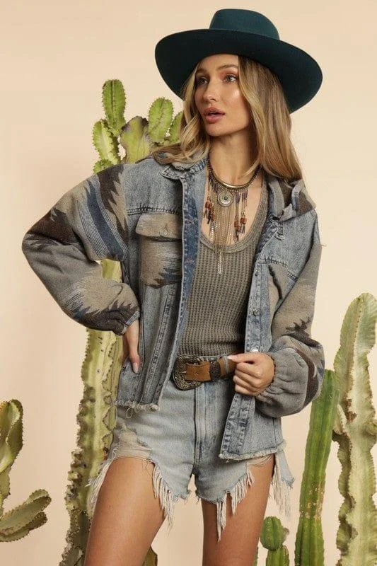 Aztec Patchwork Denim Hooded Jacket - Glova