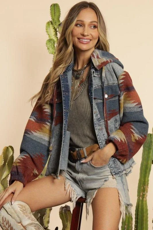 Aztec Patchwork Denim Hooded Jacket - Glova