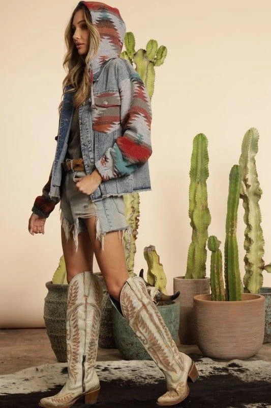 Aztec Patchwork Denim Hooded Jacket - Glova