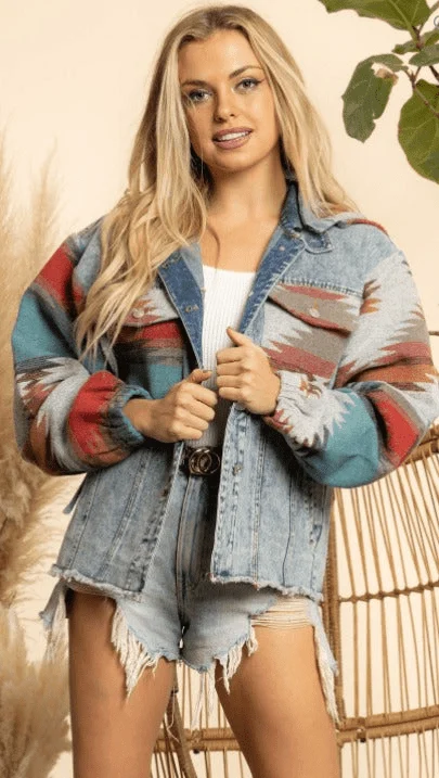 Aztec Patchwork Denim Hooded Jacket - Glova