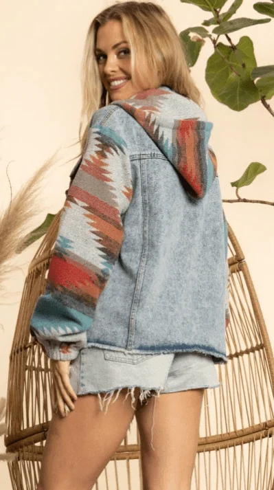 Aztec Patchwork Denim Hooded Jacket - Glova