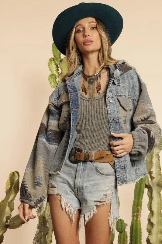 Aztec Patchwork Denim Hooded Jacket - Glova