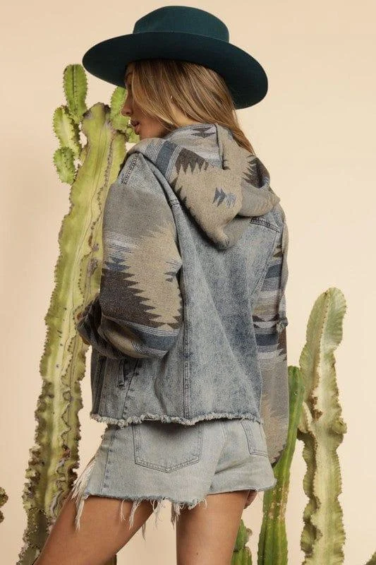 Aztec Patchwork Denim Hooded Jacket - Glova