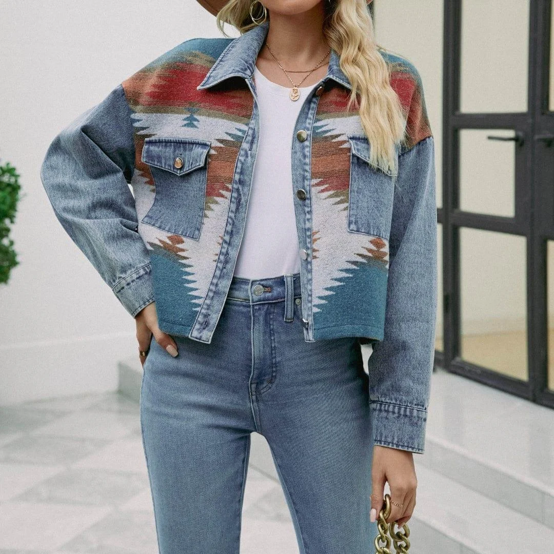 Aztec Print Boho Denim Jacket - Glova