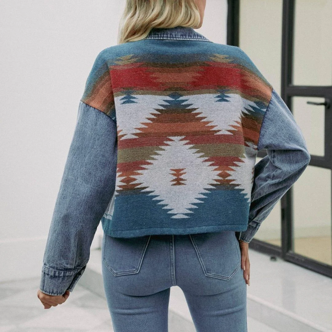 Aztec Print Boho Denim Jacket - Glova