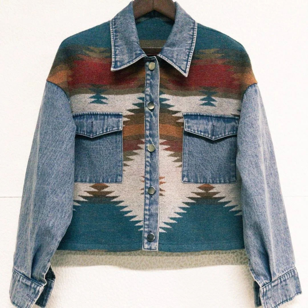 Aztec Print Boho Denim Jacket - Glova