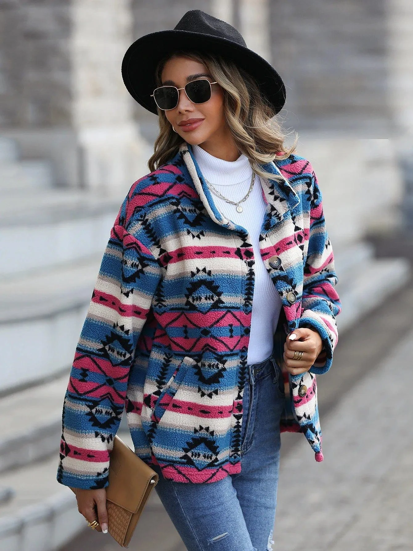 Aztec Print Plush Coat - Glova