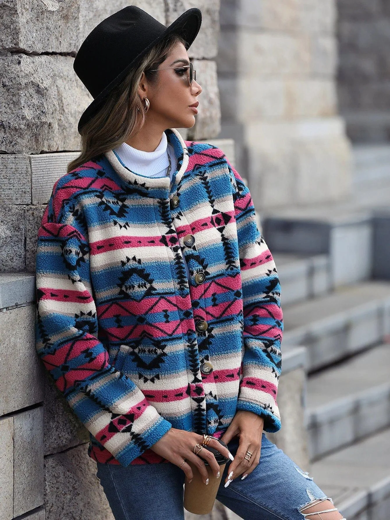 Aztec Print Plush Coat - Glova