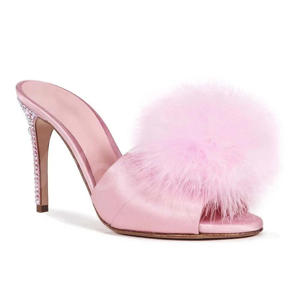 Baby Pink Satin Fur Mules Rhinestones Stiletto Slip On Sandals - Glova