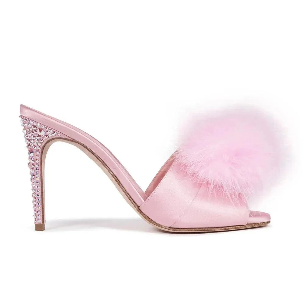 Baby Pink Satin Fur Mules Rhinestones Stiletto Slip On Sandals - Glova