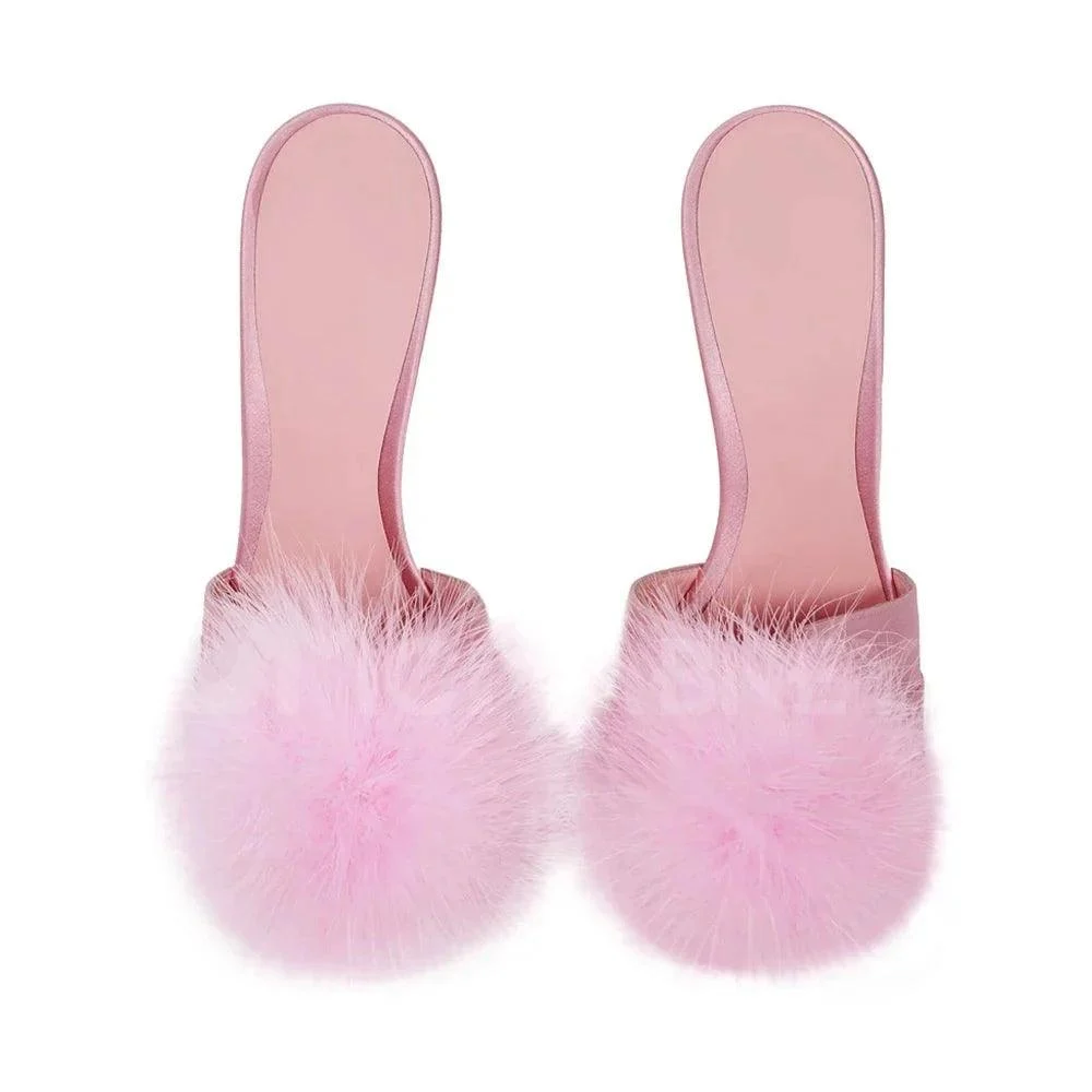 Baby Pink Satin Fur Mules Rhinestones Stiletto Slip On Sandals - Glova