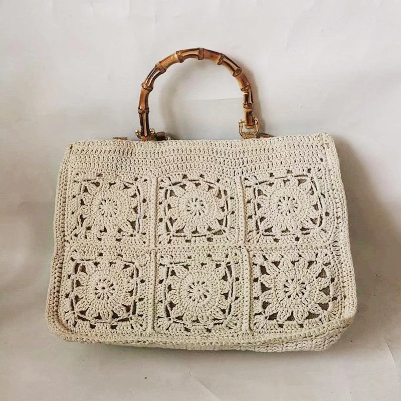 Bamboo Handle Vintage Crochet Knit Tote Bags - 6 Colors - Glova