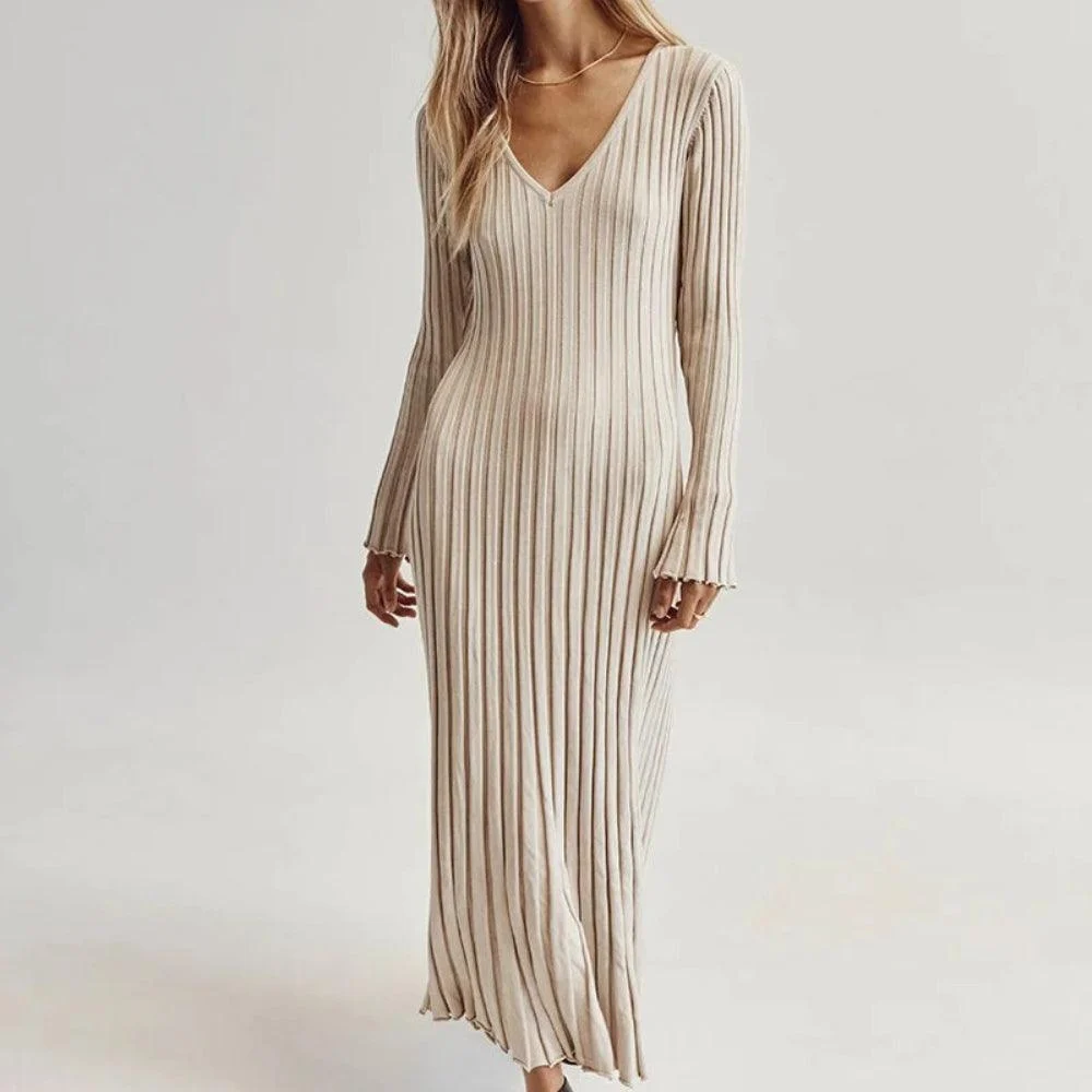 Bedelia Long Sleeve Ribbed Midi Dress - Glova