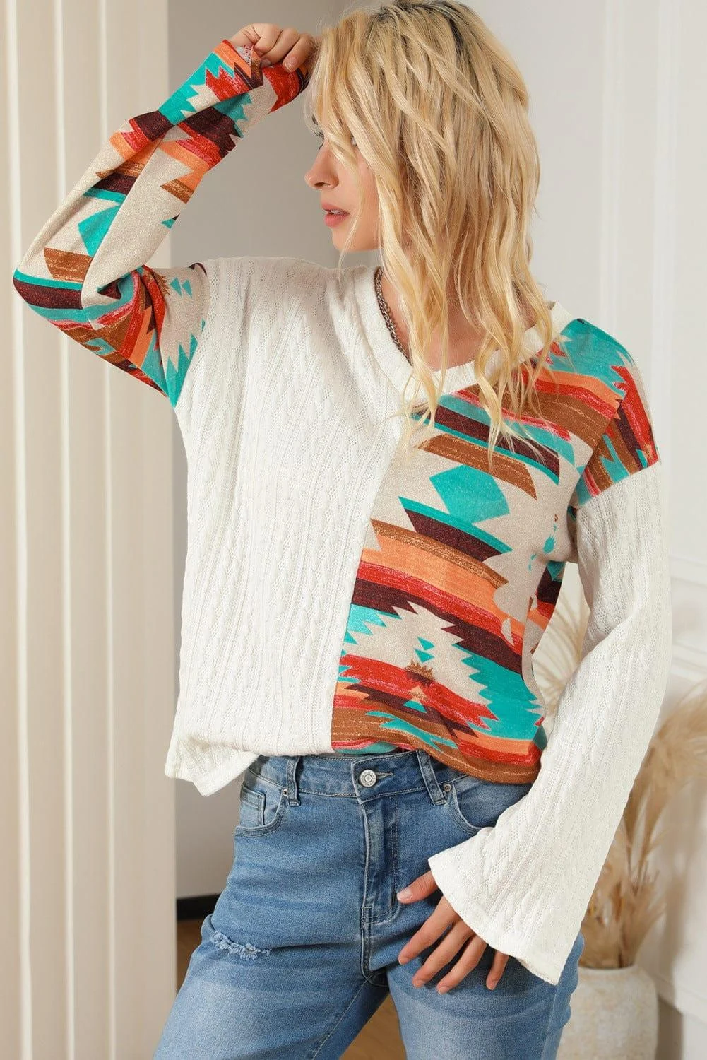 Beige Western Aztec Patch Textured Knit Top - Glova