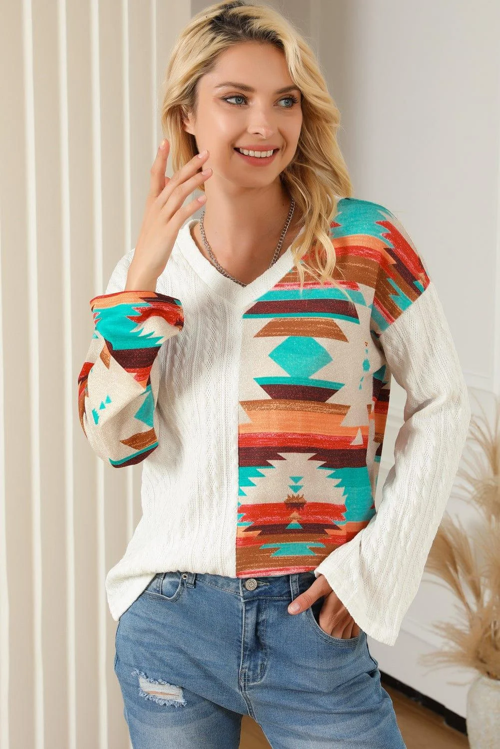 Beige Western Aztec Patch Textured Knit Top - Glova