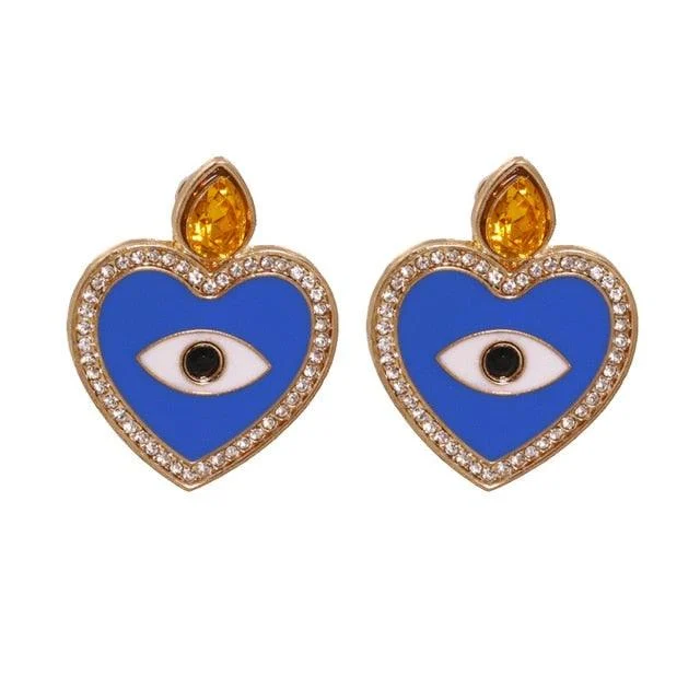 Bejeweled Love Heart Evil Eye Drop Earrings - Glova