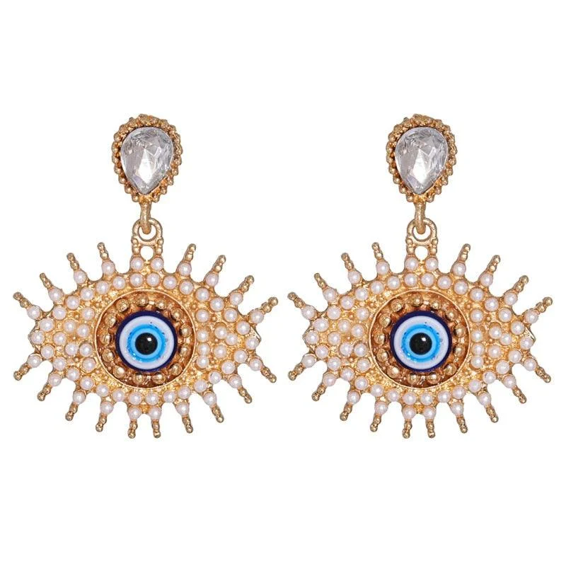 Bejeweled Love Heart Evil Eye Drop Earrings - Glova